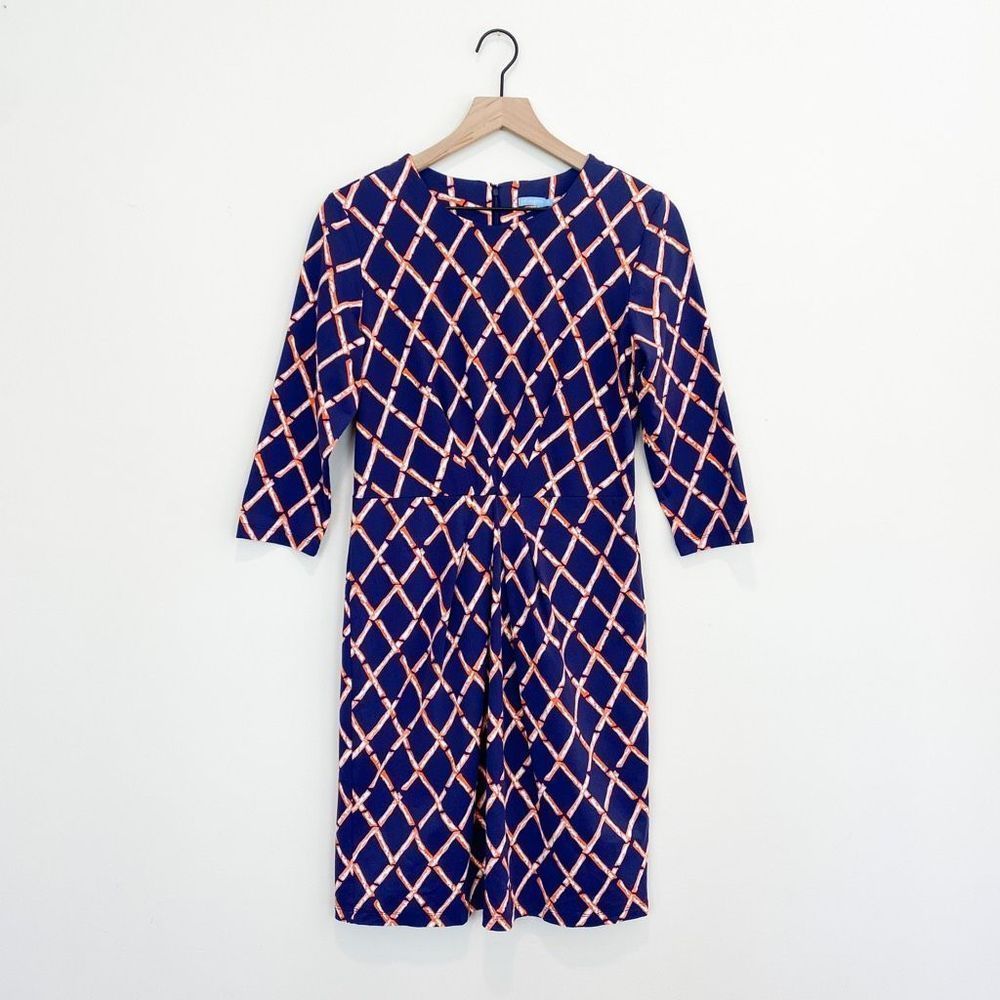 J. McLaughlin Mia Pleated Shift Dress Navy Orange Bamboo Lattice Above Knee Mini